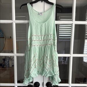 FREE PEOPLE} Boho Mint Green Polka Dot Lace Swing Trapeze Mini Dress Sz XS